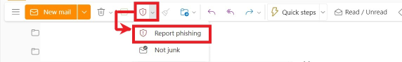 Image depicting the 'Report Message' function on the web version of Outlook.
